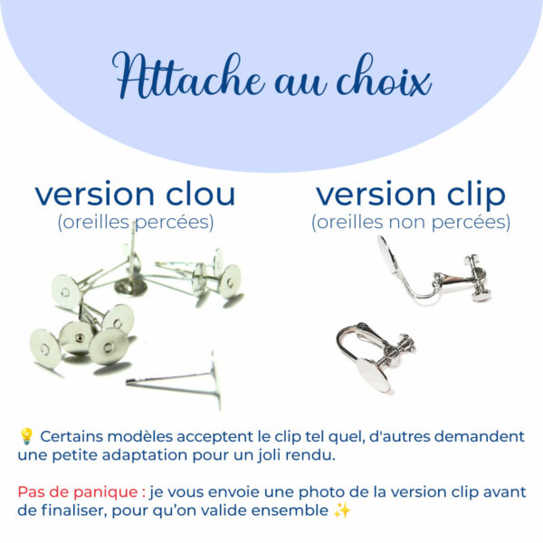 attache au choix version clou pour oreilles percées ou version clip pour oreilles non percées